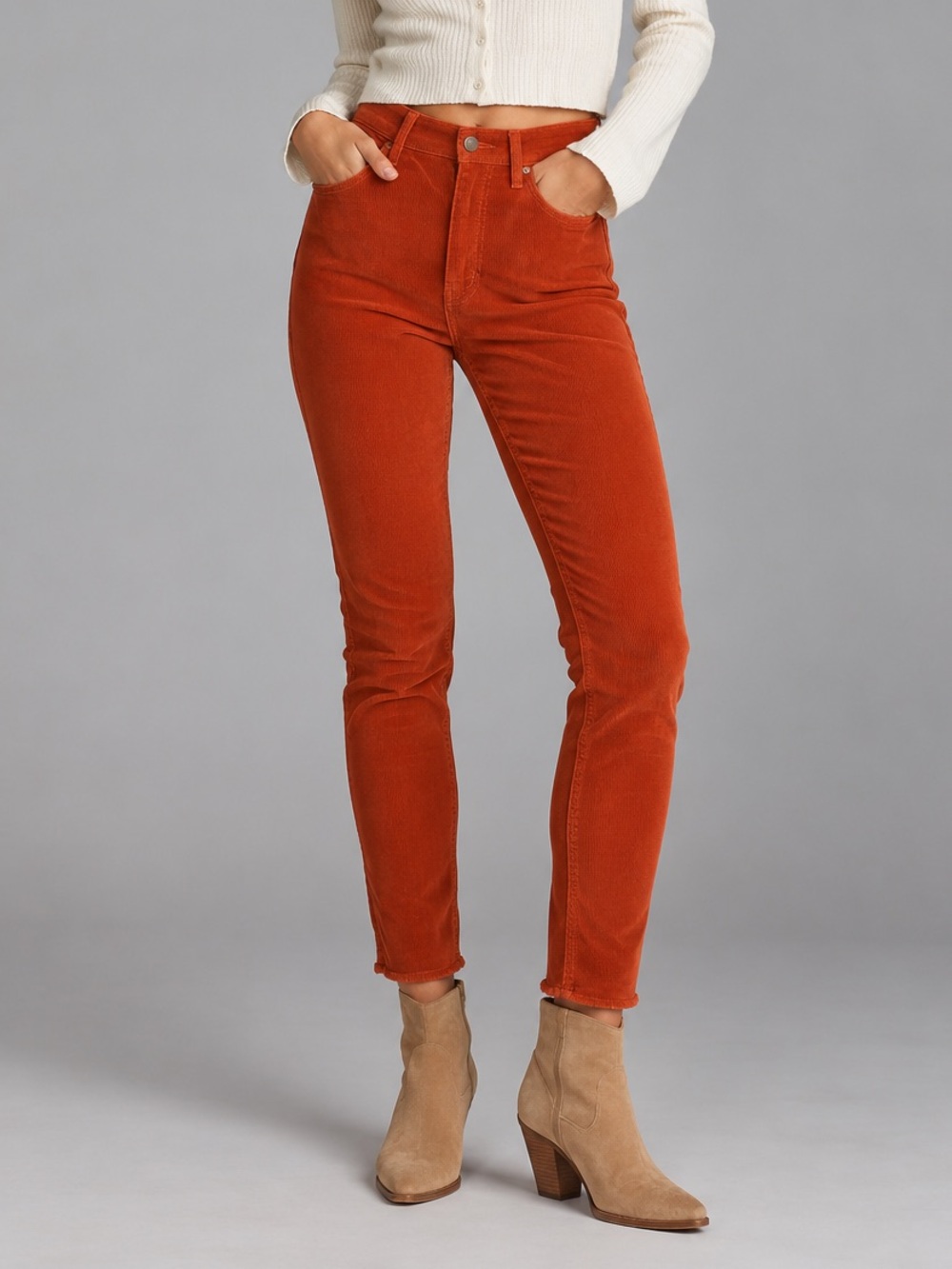 Free People We The Free Rust Corduroy Skinny Jeans Raw Hem 28